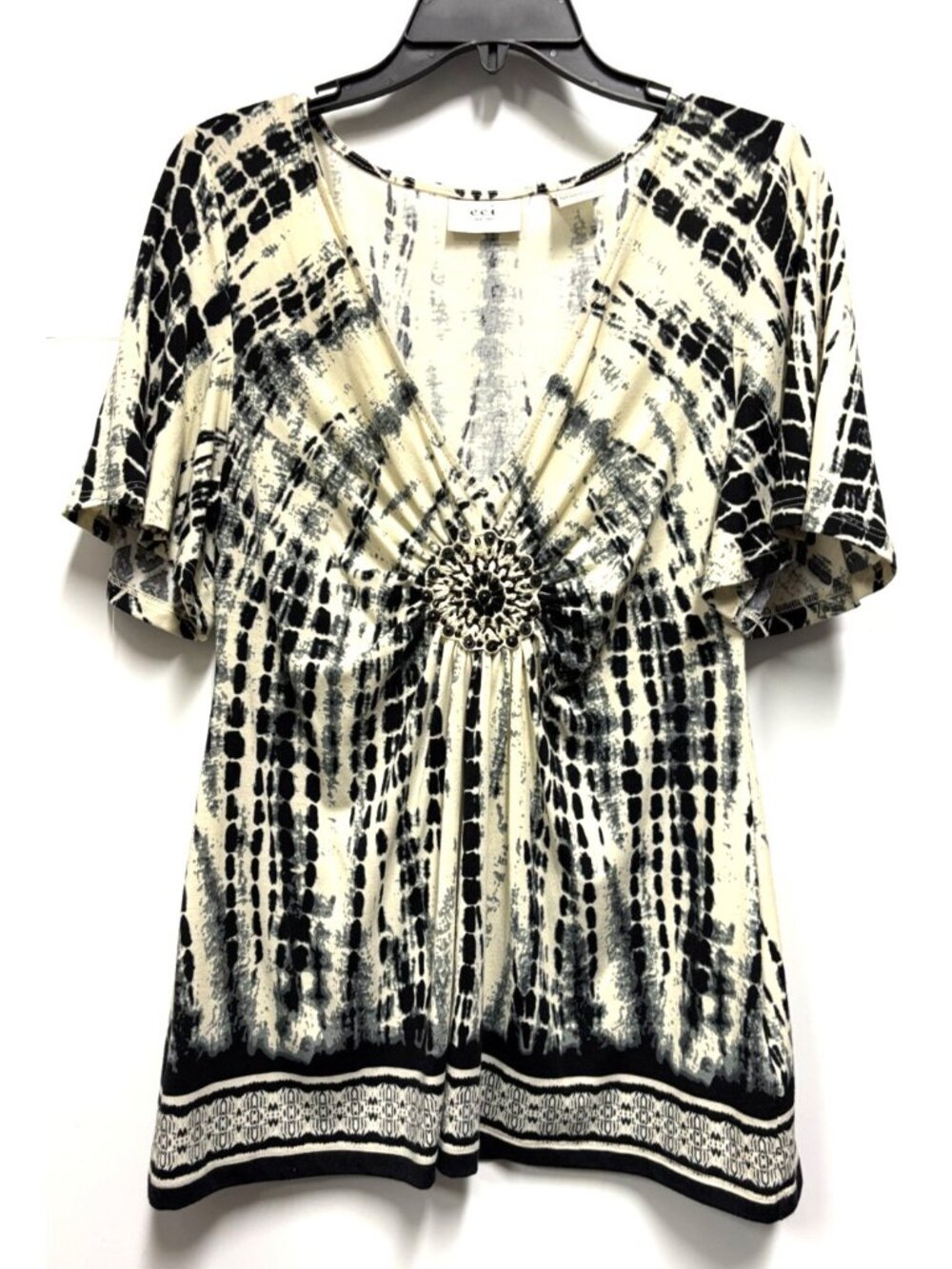 Kim Rogers Black Tie Dye Top Short Sleeves Medallion in Front  Medium